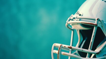 Vintage Football Helmet with Scuffs and Marks on Pastel Blue Background