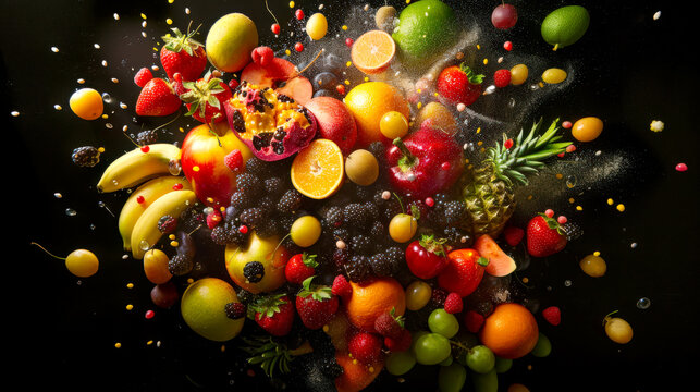 Bright tropical exotic fruits and berries explode with powdered sugar on a black background. Fruits and berries are scattered throughout the image, creating a sense of chaos and abundance
