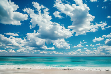 Obraz premium Ocean beach under blue sky and white clouds, horizontal wallpaper. White sand beach with turquoise water and fluffy white clouds in a bright blue sky. Tropical beach scene with blue sky and clouds.