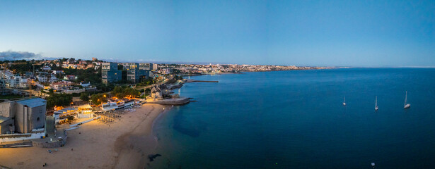 Aerial panoramic view of Cascais. 30km west of Lisbon on the portuguese riveira, cascais, Portugal. Drone aerial view of Praia da Rainha and historic city centre of Cascais, Portugal