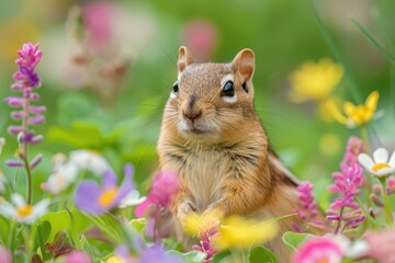 Chipmunks in Spring Meadows Scenes of chipmunks in lush spring meadows, surrounded by blooming flowers and green grass, capturing the vibrancy of the season