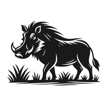 recommend clip art: Black and white vector silhouette of a Common warthog isolated on white background	
                    