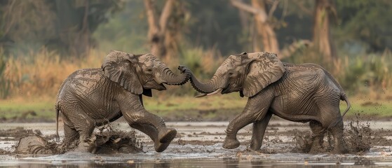 Fototapeta premium Elephants in Playful Poses Images capturing the playful side of elephants, including behaviors like trunk wrestling, dust bathing, and rolling in the mud