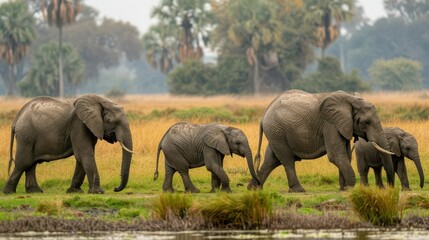 Fototapeta premium Elephants in Family Groups Images showcasing the strong family bonds within elephant herds, including interactions between adults and young, as well as protective behaviors
