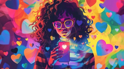 Vibrant Illustration of a Young Woman with Curly Hair and Glasses, Surrounded by Colorful Hearts, Holding a Smartphone