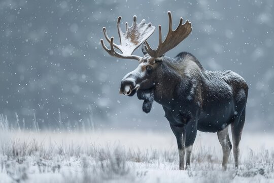 Moose in Winter Snow Photographs of moose in snowy landscapes, showcasing the contrast between their dark fur and the white snow