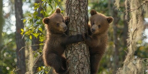 Obraz premium Bear Cubs Playing Images of playful bear cubs engaging in activities such as climbing trees, wrestling, and exploring their surroundings in various natural settings