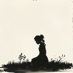 Naklejka premium A woman silhouette kneeling on the grass, displaying peace and tranquility, suitable for mindfulness and wellness concepts.