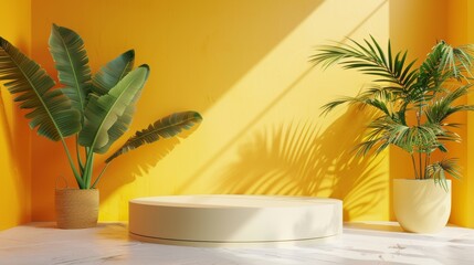 Obraz premium 3D Indoor Podium with Summer Concept. Platform Background with Copy Space