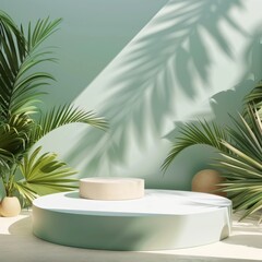 Obraz premium 3D Indoor Podium with Summer Concept. Platform Background with Copy Space