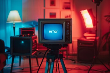 A retro TV displaying an error screen in a modern, colorful setup, merging vintage technology with contemporary style.