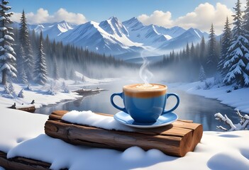 coffee cup placed in a snowy environement