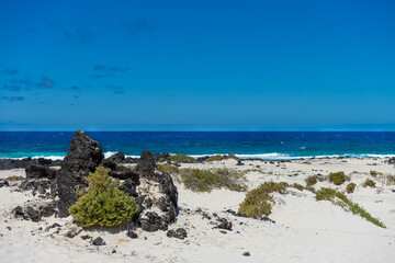 Vulkanische Felsen und Sandstrand am Ozean