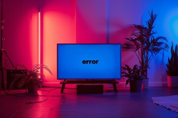 TV displaying an error message in a modern living room with vibrant red and blue lighting, representing technology issues at home