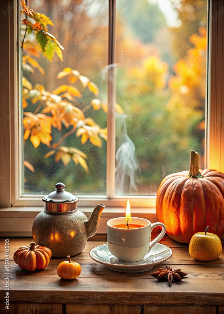 Sticker Cozy autumn scene with a window and pumpkins.