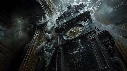 A spooky old grandfather clock striking midnight, with cobwebs and a ghostly figure nearby