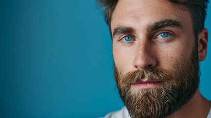 Obraz premium A man with a beard and blue eyes is looking at the camera