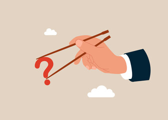 Gamma arm fingers hold chopsticks with question mark. Curiosity explore unknown, search for solution or new business opportunity, seek for success concept.