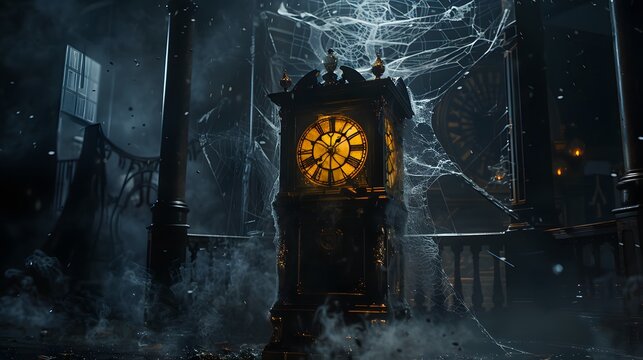 A spooky old grandfather clock striking midnight, with cobwebs and a ghostly figure nearby