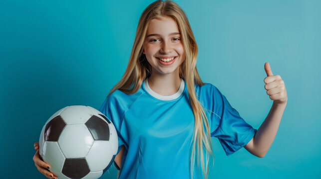 Teen blonde girl modeling blue football kit in fashion shoot