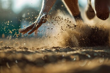 Athlete's Dynamic Long Jump Landing in Sand, Perfect for Sports Imagery and Motion Studies