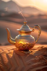 A traditional golden teapot stands out on the sand dunes of a serene desert, illuminated by the warm light of sunset