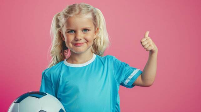 Stylish blonde girl modeling blue soccer uniform