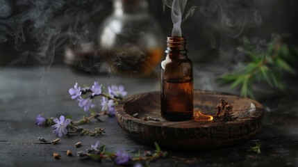 Obraz premium Aromatherapy essential oil bottle with flowers and smoke