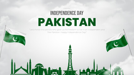 Happy Independence Day Pakistan Post and Greeting Card. Pakistan Independence Day August 14th Banner with Text, clouds and Pakistan flag .Vector Illustration