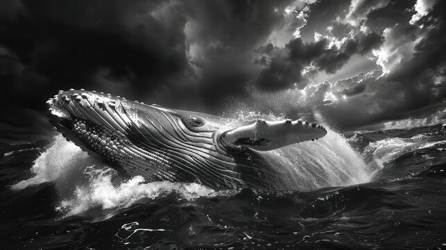 Majestic humpback whale breaching ocean water under dramatic, stormy sky in stunning black and white photography.