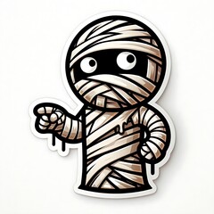 Mummy character pointing finger. Cartoon Halloween sticker with white border isolated on white background. Horror and monster stickers concept