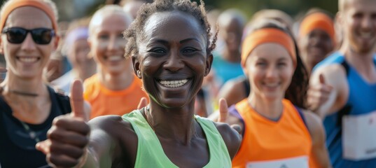 Diverse Group of Marathon Runners Smiling and Giving Thumbs Up During Race - Unity, Fitness, Determination