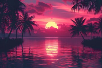 Vibrant Sunset over Tropical Beach with Palm Trees