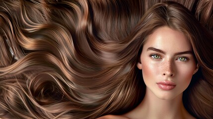The woman looks beautiful with her wavy brunette hair and perfect makeup. Her smooth, healthy face showcases a flawless beauty routine.