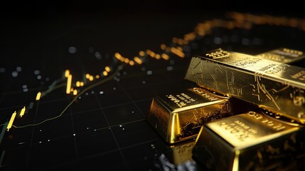 Gold bars against black backdrop, with stock chart in yellow and gold.