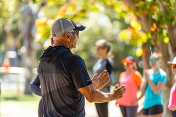 Fitness Coach Leading Outdoor Racewalking Class, Emphasizing Health Benefits for Participants