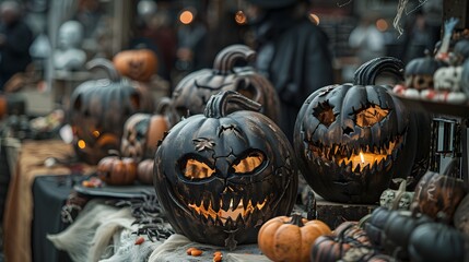 A spooky Halloween market with stalls selling eerie decorations and treats