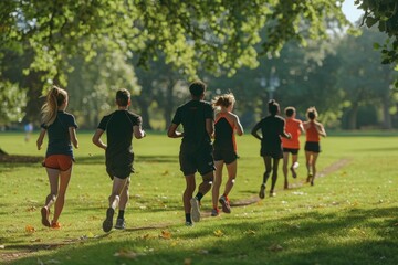 Group Racewalking Practice in Park Guided by Experienced Instructor - Fitness & Outdoor Sports Concept