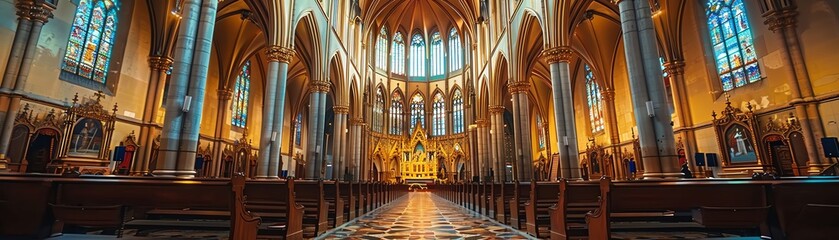 Fototapeta premium Grand cathedral interior with ornate golden decor and high ceilings, wideangle view