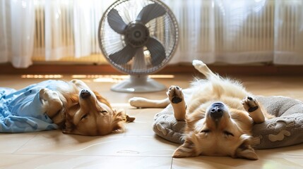 A dog is stretched out in front of a fan, with its legs in the air. Another dog is sleeping upside down in its bed. These are ways to keep pets cool in hot weather.