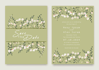wedding invitation card background vector. Elegant hand drawn flower and line art with elegant garden anemone template Design illustration for wedding and template, banner.