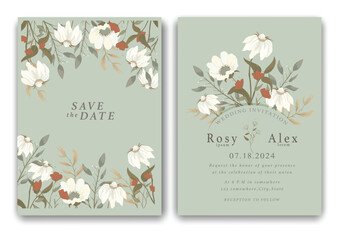wedding invitation card background vector. Elegant hand drawn flower and line art with elegant garden anemone template Design illustration for wedding and template, banner.