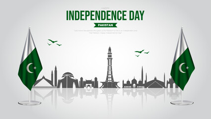 14th August - Happy Independence Day Pakistan Banner and Greeting Card. Pakistan Independence Day Celebration with Text and Pakistan Skyline Vector Illustration