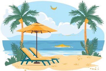 Obraz premium Beach Scene with Umbrella and Seaside View Illustration