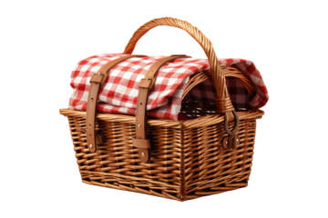 A Cozy Gathering: A Wicker Picnic Basket and Plaid Blanket on White or PNG Transparent Background.