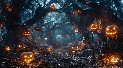 A haunted forest with twisted trees and glowing jack-o'-lanterns hanging from branches