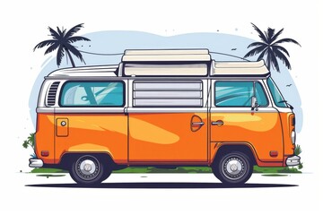 Retro Orange Van with Surfboard by the Beach