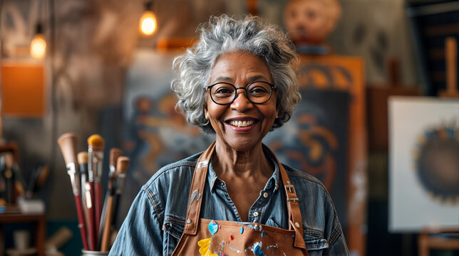 Happy elderly senior black woman artist smiling in her studio