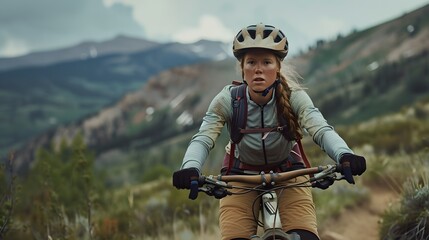 Sporty mountain woman rides in trail during endurance trail.