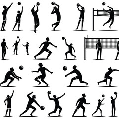 Fototapeta premium people playing volleyball in black and white silhouette collection set